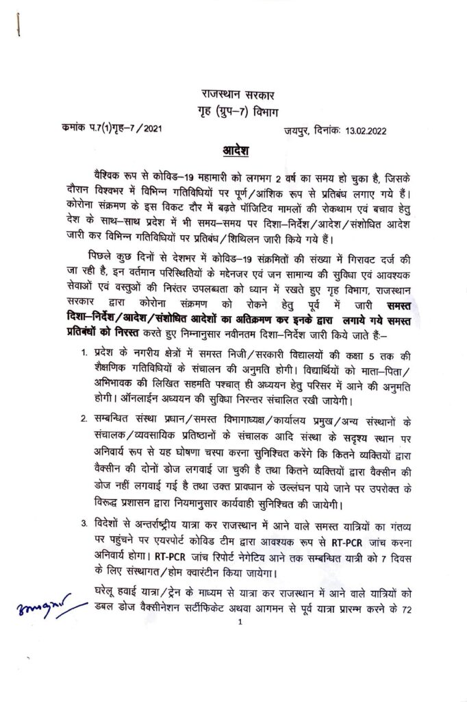 दो साल बाद राजस्थान पूरी तरह से अनलॉक : 5वी तक के स्कूल खोलने की भी अनुमति, बुधवार से लागू होगी नई गाइडलाइन 1 Order dated 13.02.22 page 001