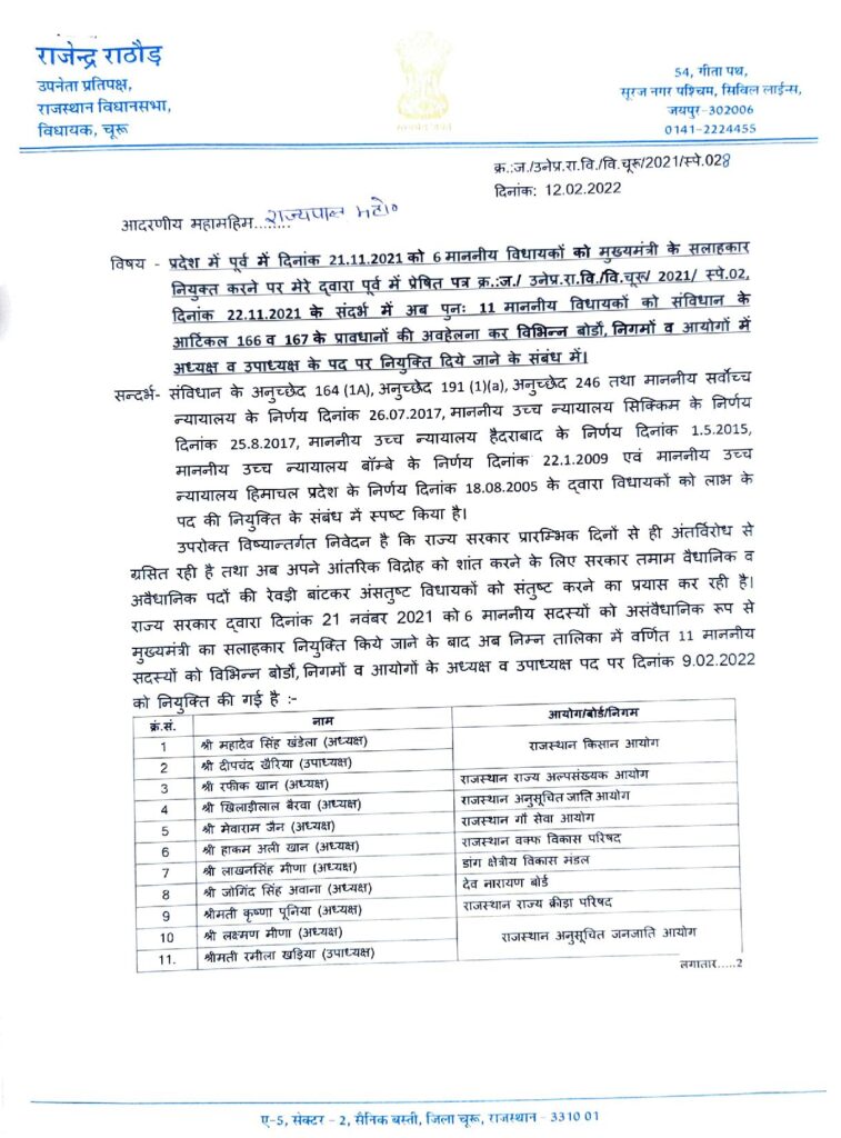 बोर्ड-निगमों में 11 विधायकों की नियुक्ति का मामला राजभवन पहुंचा, राठौड़ ने राज्यपाल से मुख्यमंत्री को निर्देशित कर इन्हें रोकने को कहा 2 गवर्नर पत्र page 001